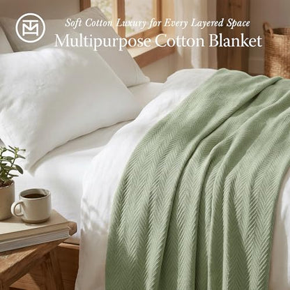 Threadmill Luxury 100% Cotton Queen Herringbone Blanket, Sage Green - color: Sage Green, size: Queen (90" x 92")