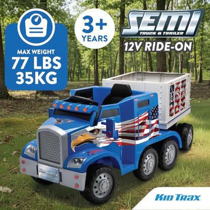 Kid Trax 12V Semi Truck Ride On Toy w/Detachable Cargo Trailer, Blue Eagle - color: Blue