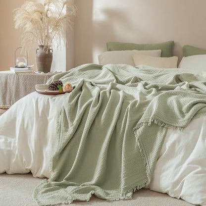 Muslin Fringe Blankets for Adults: 100% Cotton Cloud Soft - color: Sage Green, size: Oversize Queen (98" × 98")