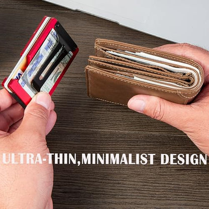 Minimalist Slim Wallet for Men,RFID Blocking Metal Wallet,Aluminum Credit Card Holder & Money Clip 12-15 Cards,Slim Rfid Front Pocket Mens Wallet - color: A1 Matte Red