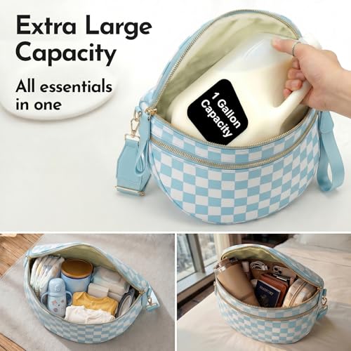 Checkerboard Crossbody Bag for Women, Expandable Plaid Belt Bag Nylon Fanny Pack with Multiple Pockets - color: Light Blue Checkered