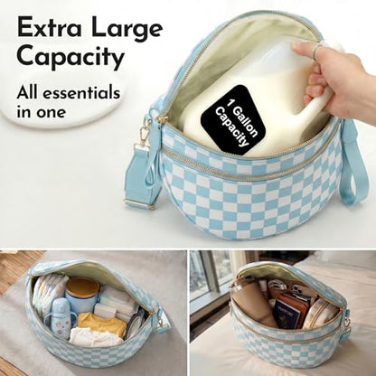 Checkerboard Crossbody Bag for Women, Expandable Plaid Belt Bag Nylon Fanny Pack with Multiple Pockets - color: Light Blue Checkered