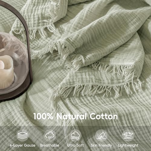 Muslin Fringe Blankets for Adults: 100% Cotton Cloud Soft - color: Sage Green, size: Throw (50" × 60")