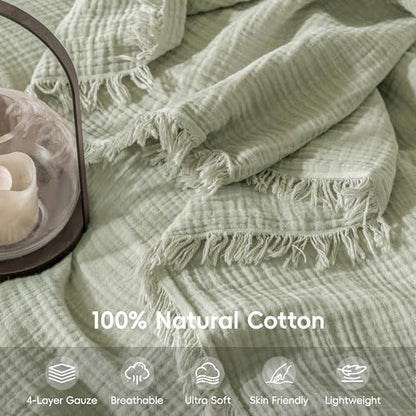 Muslin Fringe Blankets for Adults: 100% Cotton Cloud Soft - color: Sage Green, size: Oversize Queen (98" × 98")