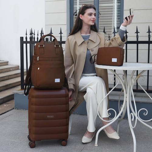 22 Inch Carry On Luggage, 3-piece Luggage Set Carry-on Suitcase - color: Mocha-3pcs, style: 3 Piece Set (Backpack)