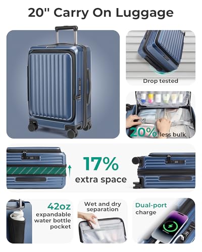 BAGSMART 20" Expandable Top-Opening Carry-On, Double Spinner, TSA, Blue - color: Blue