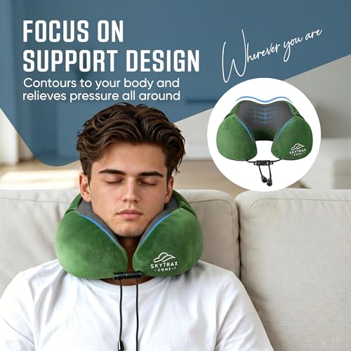SkytraxComf® Travel Neck Pillow with Hood for Privacy on Long Flights - color: Olive