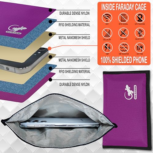 Gecko Travel Tech Faraday Bag Anti-Tracking GPS RFID Car Key Signal Blocker Wallet Shielding Pouch Protective Case for Cell Phone Car Key FOB, Data Privacy, Electronic Device Security (PURPLE) - color: PURPLE