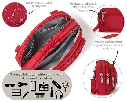 Baggallini Triple Zip Small Crossbody Bag for Women - Lightweight Convertible Fanny Pack Belt Bag - color: Apple, style: Slim Strap