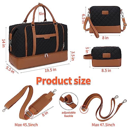 Weekender Bag, Large Travel Duffel Bag for Women, Carry on Overnight Bag with Shoe Compartment and Toiletry Bags - color: Black-Brown