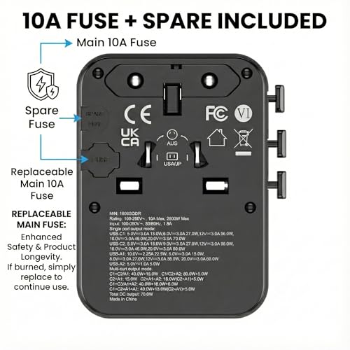 GaN 70W International Travel Adapter 6-in-1 for US/JP, EU, UK, AU