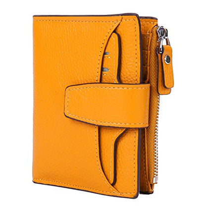 Women's RFID Blocking Leather Small Compact Bi-fold Zipper Pocket Wallet Card Case Purse with id Window - color: Lichee Yellow