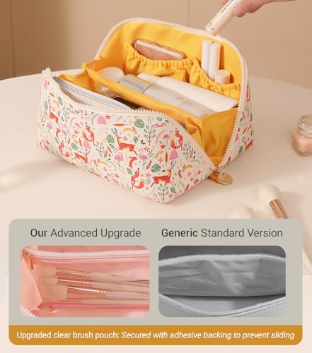 Aveniee Travel Makeup Bag for Women, Large Cosmetic Organizer with Open-Flat Design, Clear Divider & Handle - Waterproof PU Leather Toiletry Pouch - style: Zoo Animals