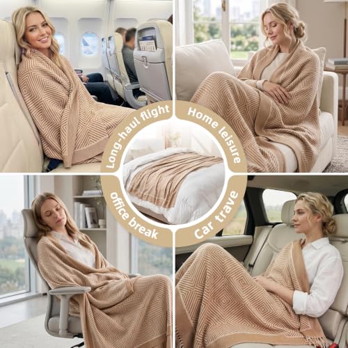 Travel Blanket Airplane - Ultra Soft & Lightweight Knit Design - color: Khaki, size: 51.2"x70.8"
