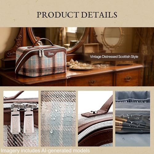 BOYATU Travel Makeup Bag for Women: 3 Pcs Set Scottish Plaid Make up Bag - color: E-3-Beige