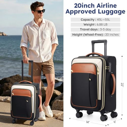 Softside Expandable Carry On Luggage, 20in Carry on Suitcase with Wheels - color: Black/White/Brown
