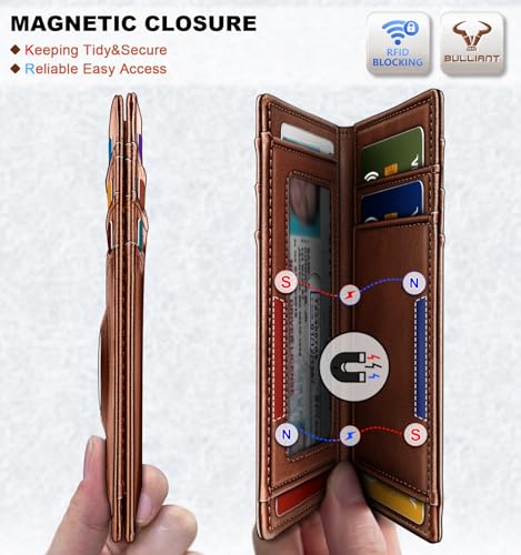 BULLIANT Slim Leather Wallet For Men 12Cards Magnetic Closure RFID Blocking - color: Brick Brown8272