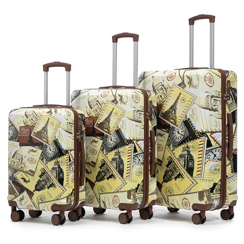 3 Piece Luggage Set, 20/24/28 Inch Hardshell Suitcase, City Stamps - color: City Stamps