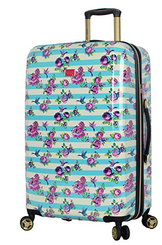Betsey Johnson 26 Inch Checked Luggage Collection - Expandable Scratch Resistant (ABS + PC) Hardside Suitcase - Designer Lightweight Bag with 8-Rolling Spinner Wheels (Stripe Floral Hummingbird) - color: Stripe Floral Hummingbird
