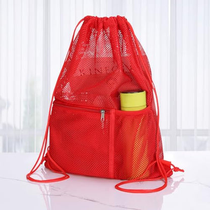 NATURAL STYLE 2 PACK Mesh Drawstring Backpack Bag, Multifunction Mesh Bag for Swimming, Athletic Gym, Clothes, Beach, Swim (Red) - color: Red