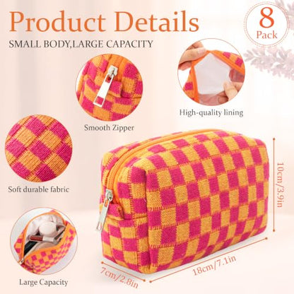 Gilprop 8 Pcs Checkered Makeup Bag Small Cosmetic Pouch Bulk,Red Orange - color: Red Orange