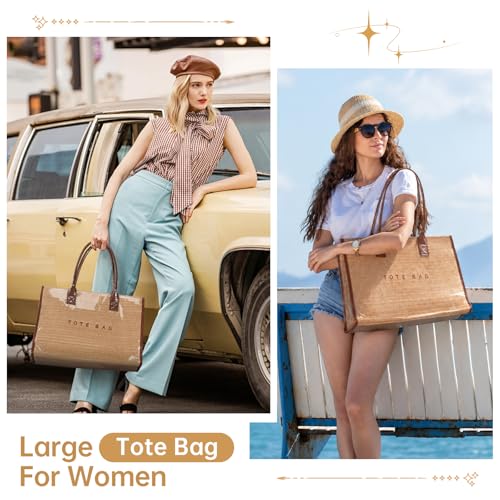 PVC Woven Tote for Women, Fits 16" Laptop, Crochet Style, Leak-Proof Lining, Top Handle&Zipper, Foldable for Travel