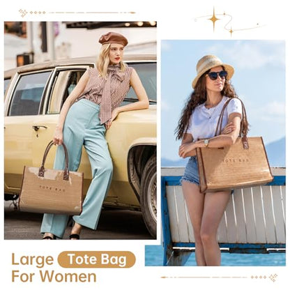 PVC Woven Tote for Women, Fits 16" Laptop, Crochet Style, Leak-Proof Lining, Top Handle&Zipper, Foldable for Travel