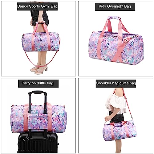 Dance Bag Girls Gymnastics Duffle with Shoe Compartment, Kids Travel Weekender Sleepover Carry On Bag (Butterfly Purple) - color: 09-Butterfly Purple