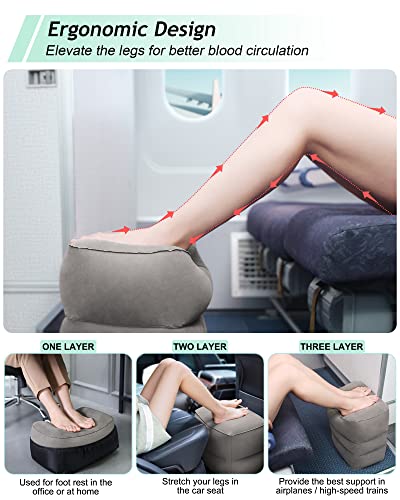 Inflatable Foot Rest Pillow, Kids Airplane Bed, Adjustable 3 Layers Height Leg Rest Pillow, Airplane Travel Essentials Great for Office, Home, Trains, Cars