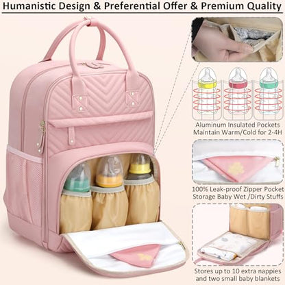 Tenot Diaper Bag Backpack for Women with Changing Pad Baby Pink - color: Baby Pink, style: With Extra Layer & Changing Pad