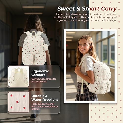 PiPiCat Backpack for Girls 4 in 1 Back to School Bookbag - color: K2 Off-white Strawberry