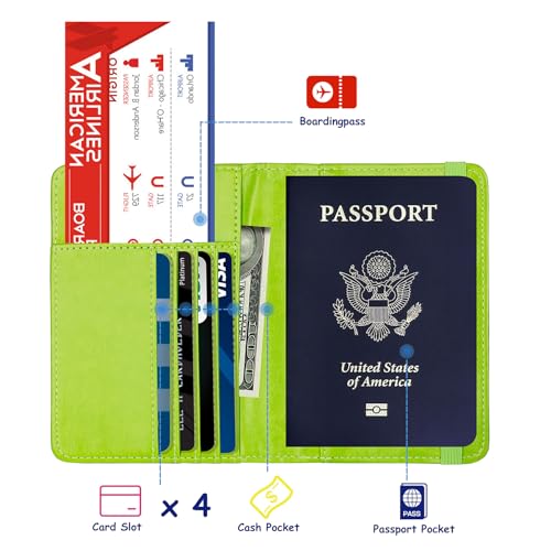 TOURSUIT RFID Blocking Passport Holder, Leather Travel Wallet, Green - color: Green