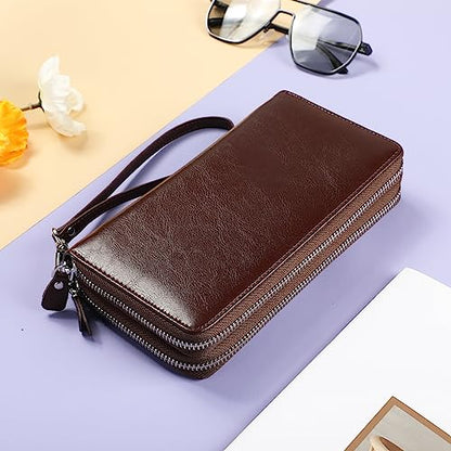 Lavemi Women's 100% Leather Double Zipper Large Capacity RFID Blocking Phone Holder Clutch Travel Purse with Wristlet Strap(Double Zipper Coffee) - color: 2-waxed Coffee, size: One Size