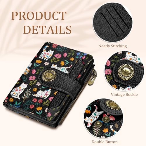 Icycay Cat Wallet Women Small RFID Blocking Bifold Cute Credit Card Holder - color: Cat Flowers