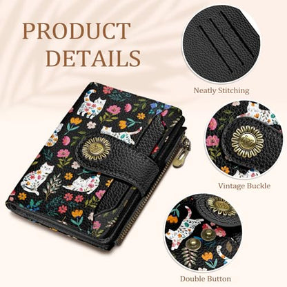 Icycay Cat Wallet Women Small RFID Blocking Bifold Cute Credit Card Holder - color: Cat Flowers