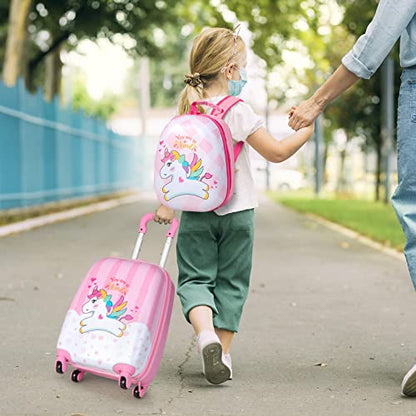 GYMAX Kids Carry On Luggage Set, 12" & 16" 2PCS Rolling Suitcase - color: Happy Pony