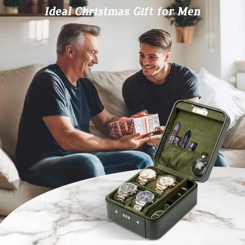 Watch Travel Case with Combination Lock - 4 Watch Storage and Jewelry - color: Green