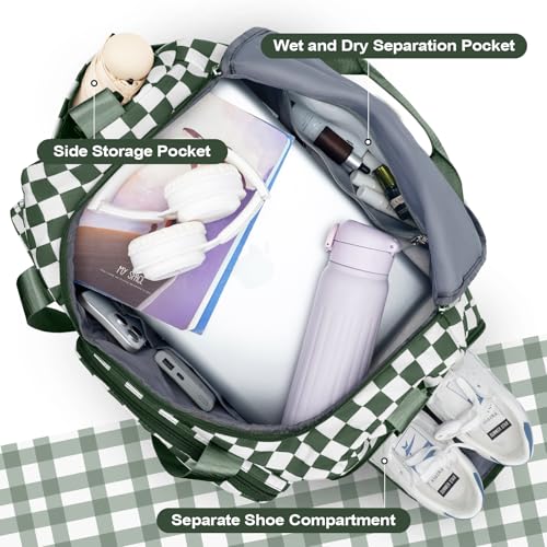 WOOMADA Foldable Travel Duffel Bag for Women, Weekender Bags with Shoes Compartment,Overnight Bag with Wet Pocket & Trolley Sleeve(green checkerboard) - color: green checkerboard