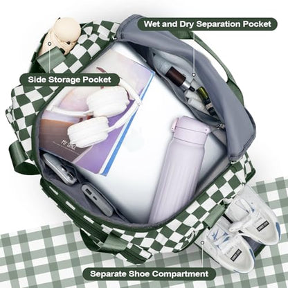 WOOMADA Foldable Travel Duffel Bag for Women, Weekender Bags with Shoes Compartment,Overnight Bag with Wet Pocket & Trolley Sleeve(green checkerboard) - color: green checkerboard