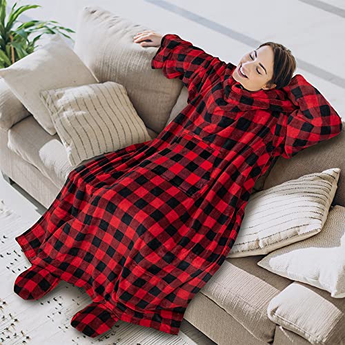 PAVILIA Fleece Blanket with Sleeves Foot Pockets for Women Men, Checker Red - color: Checkered Red, size: Fleece