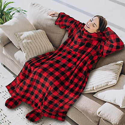 PAVILIA Fleece Blanket with Sleeves Foot Pockets for Women Men, Checker Red - color: Checkered Red, size: Fleece