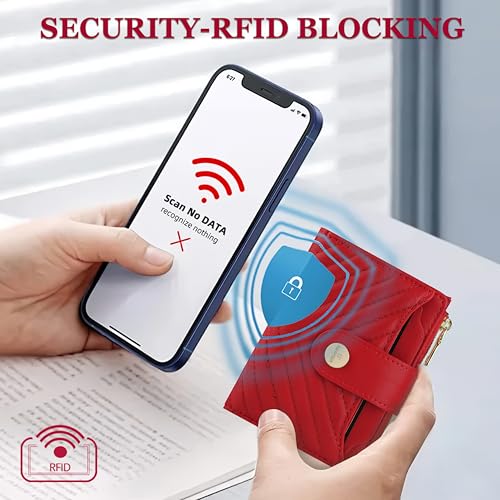 Small Womens RFID Bifold Red Wallet,Compact Leather Card Holder - color: Red