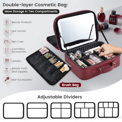 Makeup Bag with LED Lighted Mirror 12.2 IN Cosmetic Train Case Double Layer - color: 12.2 Inch Red