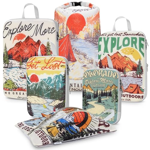 Gonex 6-Piece Compression Packing Cubes with Shoe & Laundry Bags - color: 6-Retro Mountains, size: 6 Set