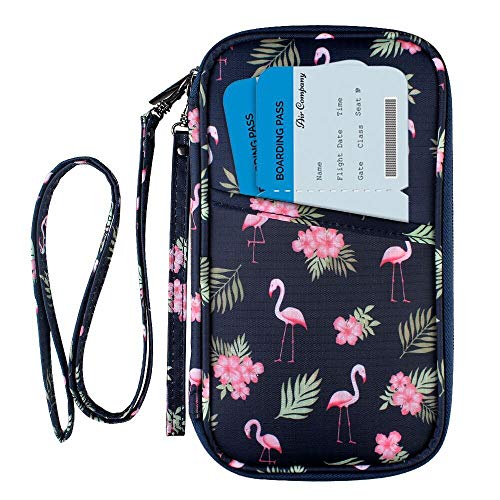 RFID Passport Wallet with Vaccine Card Slot, Family Travel Passport Holder Document Organizer Bag with Wrist & Neck Double Strap - color: RFID-Flamingo
