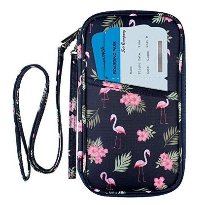 RFID Passport Wallet with Vaccine Card Slot, Family Travel Passport Holder Document Organizer Bag with Wrist & Neck Double Strap - color: RFID-Flamingo