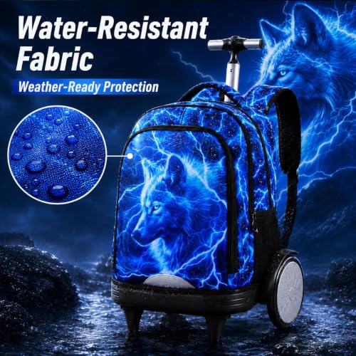 20 Inches Large Wheels Rolling Backpack for Boys with Detachable, 3Pcs Kids Lightning Wolf Wheeled Backpack Set for Elementary School (Blue) - color: Lightning Wolf (Large Wheels)