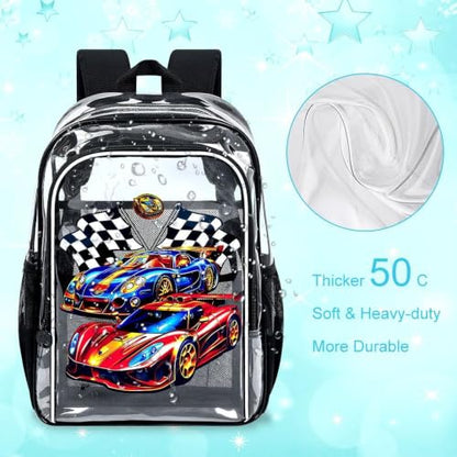 HPJGD Reflective Safety Kids Clear Backpack, 3PCS Transparent Bookbag Set for Boys, Heavy-Duty See Through School Bag for Elementary Students - Race Car Black - color: Cool Uv Racing Car Black Clear Backpack