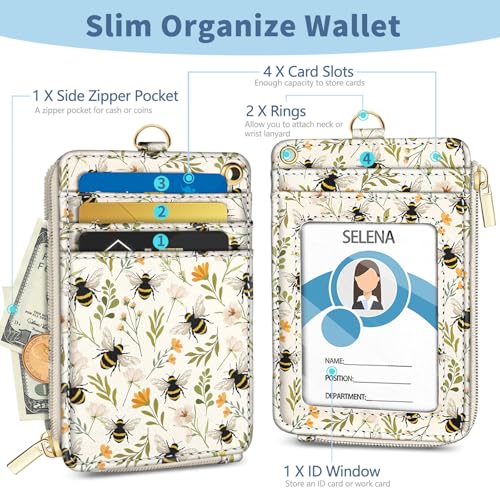 Bee Lanyard Wallet with Id Badge Holder Keychain for Card Women - color: Bee Flower