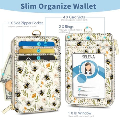 Bee Lanyard Wallet with Id Badge Holder Keychain for Card Women - color: Bee Flower